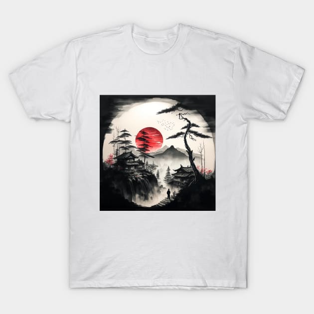 japanese town during blood moon T-Shirt by MaitionDesigns 